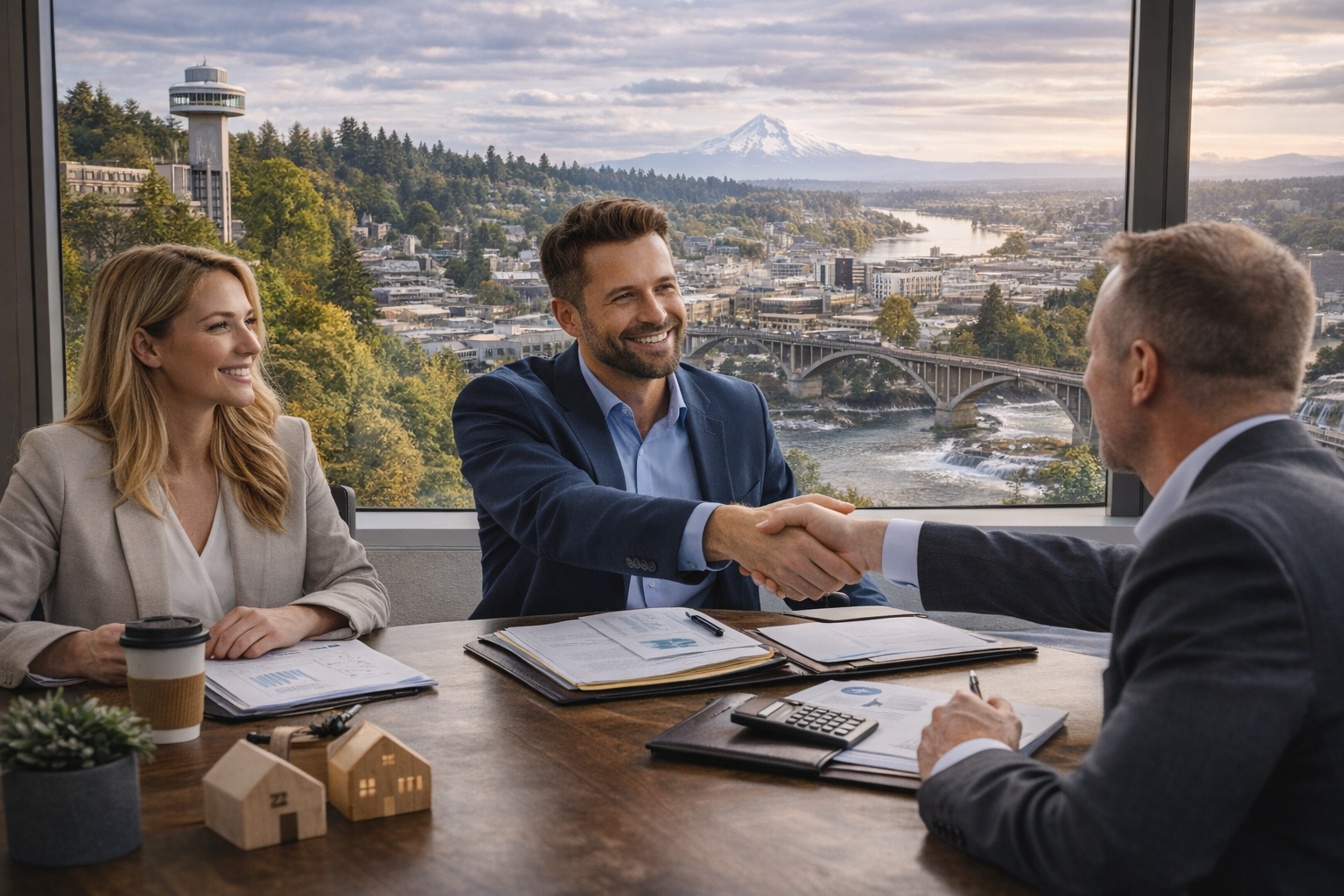 Three professionals in business attire are in a high-rise office. Two men shake hands, smiling, while a woman sits with a coffee cup. A cityscape and mountain are visible through large windows, creating an optimistic, collaborative atmosphere.